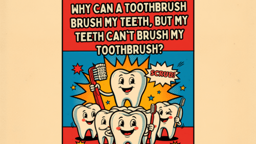 Retro comic-style cartoon teeth holding toothbrushes with a dental dad joke punchline