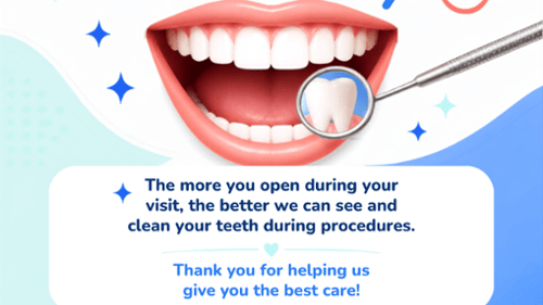 Dental tip graphic showing bright open smile with dental mirror and tooth care advice text